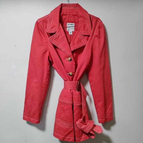 Old Navy Red Lined Button Front Belted Trench Coat Women's Size Large - Picture 5 of 10